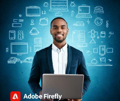 Firefly a web development concept for business; the manager holds the laptop 77935